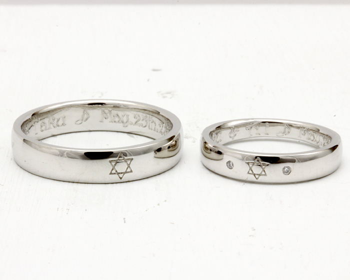 六芒星のアレンジで作ったオリジナル指輪です
基本は当店のオリジナル結婚指輪のカティーをベースに作っています
