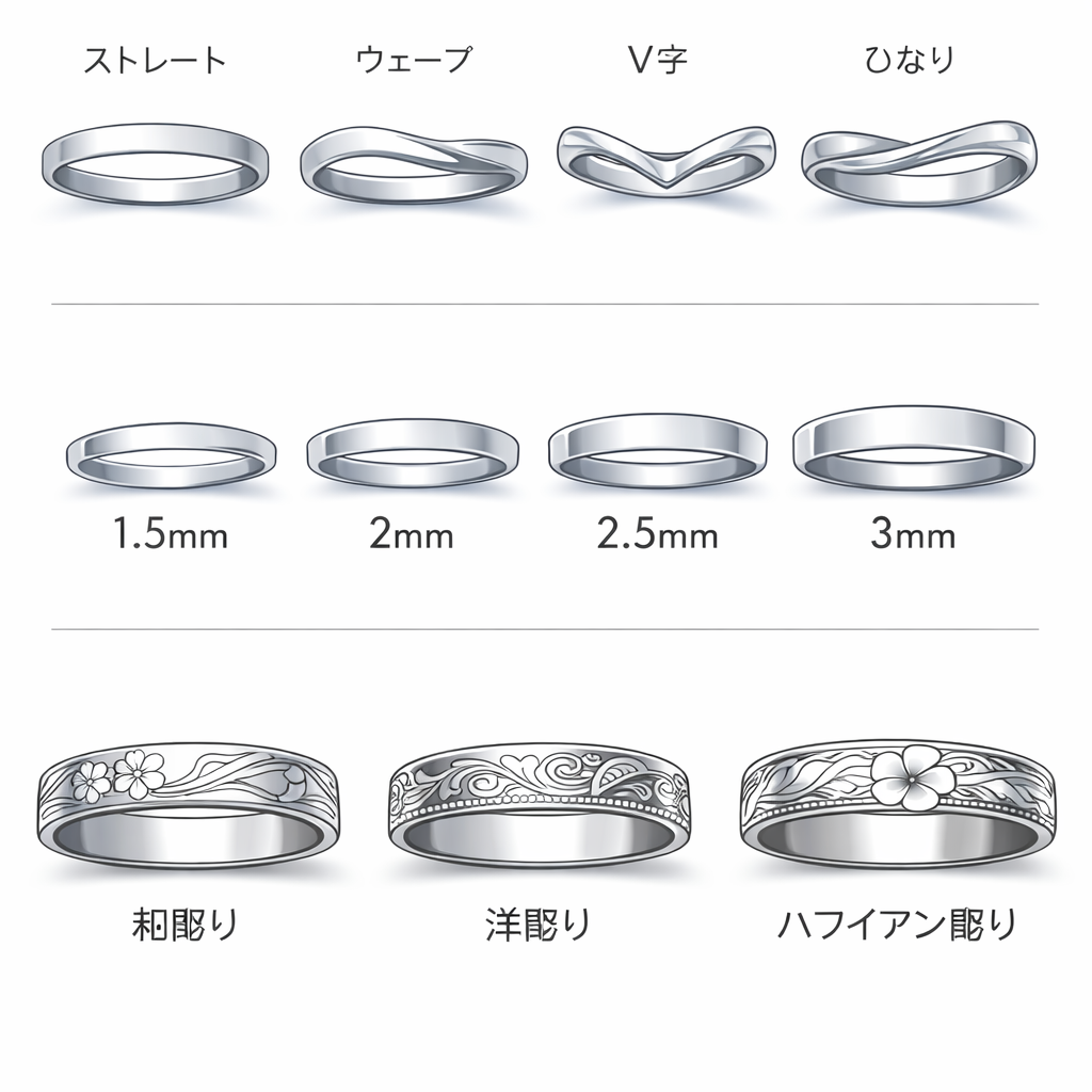 結婚指輪デザインの種類（ストレート・ウェーブ・V字・ひねり・リング幅・彫りデザイン）